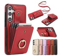 Ring Holder Case for Samsung Galaxy A56 5G Cover with Crossbody Strap Large Card Holder Bag |RFID Blocking| Wallet Case Shockproof PU Leather Magnetic Buckle Purse for Samsung Galaxy A56 5G Red