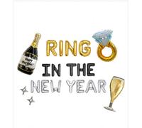 Ring in The New Year Balloons 2027, Gold Black Silver Letter Foil Balloon Banner with Champagne Bottle, Diamond Ring and Glass Balloons, New Years Eve Party Decorations and Photo Booth Backdrop