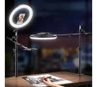 Ring Light with Stand and Phone Stand, Top Phone Stand, Phone Holder for Recording, 11 Inch Circle LED Ring Light for Computer with Clamp for