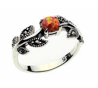 Ring Marcasite Pink Fire Opal Circle Stone With Leaves Design 925 Sterling Silver