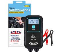 RING SMARTCHARGE 4A Car Charger & Maintainer With Crocodile Clips & Built-In Hanging Hook - Compatible With Lithium Ion, Lead Acid, Gel, Calcium, EFB & AGM Batteries