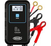 RING SMARTCHARGE 8A Car Charger & Maintainer With Crocodile Clips & Built-In Hanging Hook - Compatible With Lithium Ion, Lead Acid, Gel, Calcium, EFB & AGM Batteries