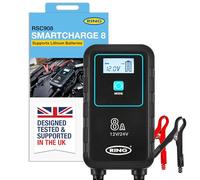 RING SMARTCHARGE 8A Car Charger & Maintainer With Crocodile Clips & Built-In Hanging Hook - Compatible With Lithium Ion, Lead Acid, Gel, Calcium, EFB & AGM Batteries