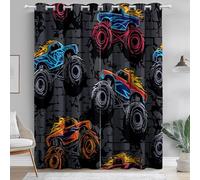 Ring Top Curtains W 46" x L 72" (2 Panels), Cartoon Graffiti Monster Truck, Thermal Insulated Window Drapes for Guest Bed and Study, Black