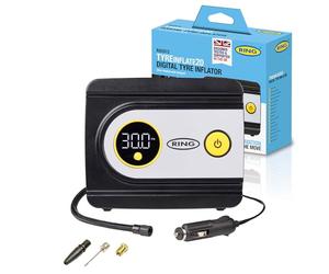 RING TYREINFLATE 20 Digital Tyre Inflator, Measures PSI, BAR & kPA | Compact Design, Easy-to-Read Digital Display, 3m Power Cable, One-Button Operation, Includes Three Adaptors