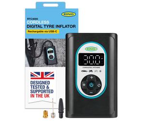 RING TYREINFLATE GO 4 Cordless Digital Tyre Inflator Air Compressor: Rechargeable & Powerful - Measures in PSI, BAR & kPA