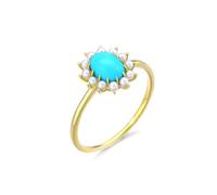 Ring Wedding, Yellow Gold Ring Real 14K Flower Turquoise with Pearl Size M 1/2