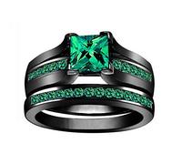 ringcrown Bridal Sets Black Plated Womens Wedding Ring Sets Princess Cut Green Cz Engagement Ring 2pcs Wedding Band