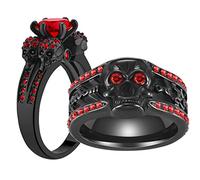 Ringcrown Couple Rings Matching Ring Black Skull Ring Red CZ Womens Wedding Ring Sets Man Wedding Bands, women's size 10 & men's size 9, Metal, Created Zircon