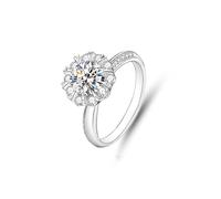 Rings for Women Silver, Bridal Ring Thin Elegant Ring with Flower Round Moissanite 1ct 14K White Gold Size M 1/2