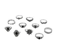 Rings Size 50 Fashion Water Drop Retro Geometric Black Gemstone Hollow Set Ring 11 Piece Set Rings Silver For Women, one size, Ring, No Gemstone