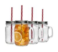 Rink Drink 450Ml Mason Jar Drinking Glasses - Set Of 4 - Glass Drinking Jar Mugs With Handles, Reusable Straws And Screw Top Lid