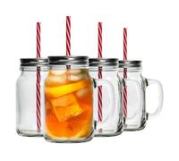 Rink Drink 620Ml Mason Jar Drinking Glasses - Set Of 4 - Glass Drinking Jar Mugs With Handles, Reusable Straws And Screw Top Lid