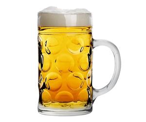 Rink Drink German Beer Stein Glass - 1.3L - Pack of 1 - Large Dimpled Beer Mug Tankard with Handle for Lager, Ale & Cider - Authentic Oktoberfest Style Pint - Freezer & Dishwasher Safe