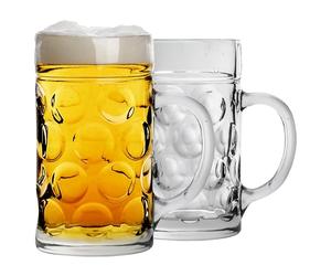 Rink Drink Giant Glass German Beer Steins - Large Dimpled Glass Tankard with Handle - 2 Pints - Clear - Pack of 2
