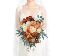 Rinlong Fall Cascading Wedding Bouquets for Bride Burnt Orange Boho Cascade Bridal Bouquet for Wedding Terracotta Artificial Bridal Flowers Wedding Bouquet
