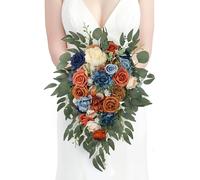 Rinlong Fall Cascading Wedding Bouquets for Bride Terracotta Navy Blue Cascade Boho Bridal Bouquet for Wedding Burnt Orange Navy Artificial Silk Flowers Bouquet