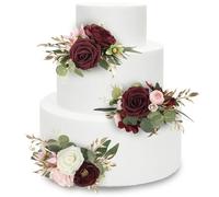 Rinlong Pre-made 3Pcs Cake Toppers Burgundy Flowers Cake Decorations Wedding Cake Decorating Flowers Decor Birthday Baby Shower Party Christening Christmas Cake Toppers