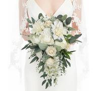 Rinlong White Green Cascade Bouquet Wedding Bouquets for Bride Cascading Wedding Bouquet Bridal Bouquet Artificial Flowers