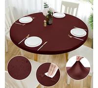 Rinpon Double Fitted Design PU Round Fitted Tablecloth, Anti-Tear Wipeable Elastic Round Tablecloth, Soft-Touch Fitted Table Cloth, Waterproof Oil-Proof Table Cover (Burgundy, 45"-48" Round)