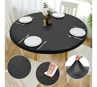 Rinpon Double Fitted Design PU Round Fitted Tablecloth, Anti-Tear Wipeable Elastic Round Tablecloth, Soft-Touch Fitted Table Cloth, Waterproof Oil-Proof Table Cover (Black, 45"-48" Round)