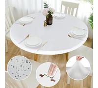 Rinpon Double Fitted Design PU Round Fitted Tablecloth, Anti-Tear Wipeable Elastic Round Tablecloth, Soft-Touch Fitted Table Cloth, Waterproof Oil-Proof Table Cover (White, 45"-48" Round)