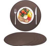 Rinpon PU Faux Leather Thick Wipeable Waterproof Round Placemats Set of 6, Vintage Cute Circle Place Mats Non-Slip Mats, Washable Oil-Proof Placemats, Wrinkle Free Kitchen Dining Table Mats-Dark Brown