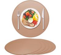 Rinpon Round Vinyl Placemats Set of 6, Faux Leather Waterproof Wipeable Heat Resistant Place Mats, Washable Oil-Proof, Non-Slip Thick Placemats, Circle Kitchen Dining Table Mats(Pink)