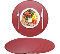 Rinpon Round Vinyl Placemats Set of 6, Faux Leather Waterproof Wipeable Heat Resistant Place Mats, Washable Oil-Proof, Non-Slip Thick Placemats, Circle Kitchen Dining Table Mats(Burgundy)