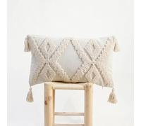 RinRinfam Boho Tufted Lumbar Throw Pillow Cover 12x 20, Modern Simple Diamond Farmhouse Neutral Linen Pillow Cushion Cases with Tassels, Cream Decorative Pillows for Bed, Outdoor Couch Bedroom Car