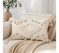 RinRinfam Boho Tufted Lumbar Throw Pillow Cover 12x 20 with Tassels, Pompom Diamond Farmhouse Neutral Pillow Cushion Cases, Decorative Pillows for Bed, Outdoor Couch Bedroom Car Cream