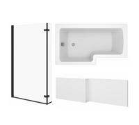 Rinse Bathrooms 1500X850X400mm L-Shaped Bath Left Hand + Gloss White Front Panel + Black Bath Screen With Return Panel