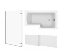 Rinse Bathrooms 1500X850X400mm L-Shaped Bath Right Hand + Gloss White Front Panel + Chrome Bath Screen With Return Panel