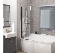Rinse bathrooms Rinse 1400X715mm 6mm Curved Toughened Safety Glass Pivot Bath Screen Panel For P-Shaped Bath Black With Towel Rail