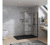 Rinse bathrooms Rinse Black Walkin Shower Enclosure 1200mm 8mm Black Grid Safety Glass Wetroom Shower Screen + Black 1700X800 Shower Tray Waste