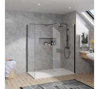 Rinse bathrooms Rinse Black Walkin Shower Enclosure 800mm Front 700mm End Panel Safety Glass Wetroom Screen-White 1300X700 Shower Tray Waste