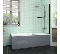 Rinse bathrooms Rinse Double Ended Bath 1700X700mm + Gloss Grey Front Wood Bath Panel + End Panel + Black Square Bath Screen With Towel Rail