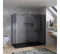 Rinse bathrooms Rinse Walkin Shower Enclosure 1100mm Front 800mm End Panel Grey Glass Wetroom Screen-Black 1700X800 Shower Tray Waste