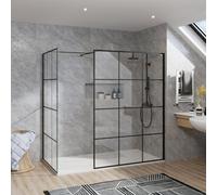 Rinse bathrooms Rinse Walkin Shower Enclosure 1400mm Front 1000mm End Panel Black Grid Wetroom Screen-White 2000X1000 Shower Tray Waste