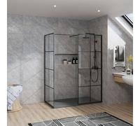 Rinse bathrooms Rinse Walkin Shower Enclosure 760mm Front 700mm End Panel Black Grid Wetroom Screen-Anthracite 1400X700 Shower Tray Waste