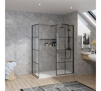 Rinse bathrooms Rinse Walkin Shower Enclosure 800mm Front 700mm End Panel Black Grid Wetroom Screen-White 1300X700 Shower Tray Waste