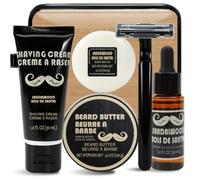 Rinse & Robust Shaving Kit for Men, 6PC Sandalwood Beard Care Kit with Razor, Shaving Cream, Soap, Beard Oil, Beard Butter & Travel Toiletry Bag, Grooming Kit for Men Gifts, Birthday Gifts for Him
