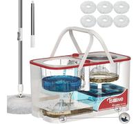 RinseWise Mop Bucket Separate Dirty Water, Spin Mop Bucket System, 4-Chamber Mop and Bucket with Wringer Set Cleaning Supplies with 3 Microfiber Replacement Head Refill - White