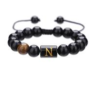 RINTOLER Beaded Initial Bracelets for Men Letter Link Handmade 10mm Natural Black Onyx Tiger Eye Stone Adjustable Braided Rope Bracelets., Adjustable, Stone, tiger eye