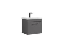 Rio 1 Drawer Wall Hung Vanity Basin Unit - 500mm - Gloss Grey With Square Black D-Shaped Handle (Tap Not Included) - Balterley
