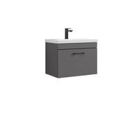 Rio 1 Drawer Wall Hung Vanity Basin Unit - 600mm - Gloss Grey with Square Black D-shaped handle (Tap Not Included) - Balterley