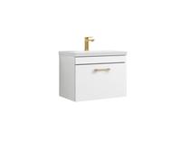 Rio 1 Drawer Wall Hung Vanity Basin Unit - 600mm - Gloss White with Brushed Brass D-shaped handle (Tap Not Included)