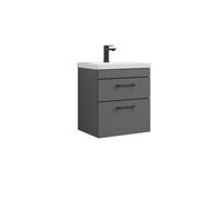 Rio 2 Drawer Wall Hung Vanity Basin Unit - 500mm - Gloss Grey With Square Black D-Shaped Handles (Tap Not Included) - Balterley