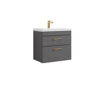 Rio 2 Drawer Wall Hung Vanity Basin Unit - 600mm - Gloss Grey with Brushed Brass D-shaped handles (Tap Not Included)