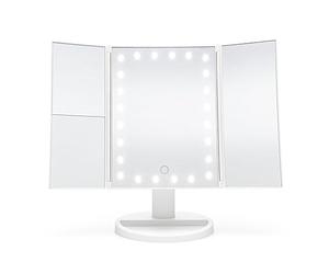 Rio 24 LED Tri-Fold Makeup Mirror with Touch Dimmable Lights, 3X/2X Magnification, 3 Color Modes, Portable Dual Power Cosmetic Vanity Mirror for Home and Travel, Perfect for Close-up Beauty (White)